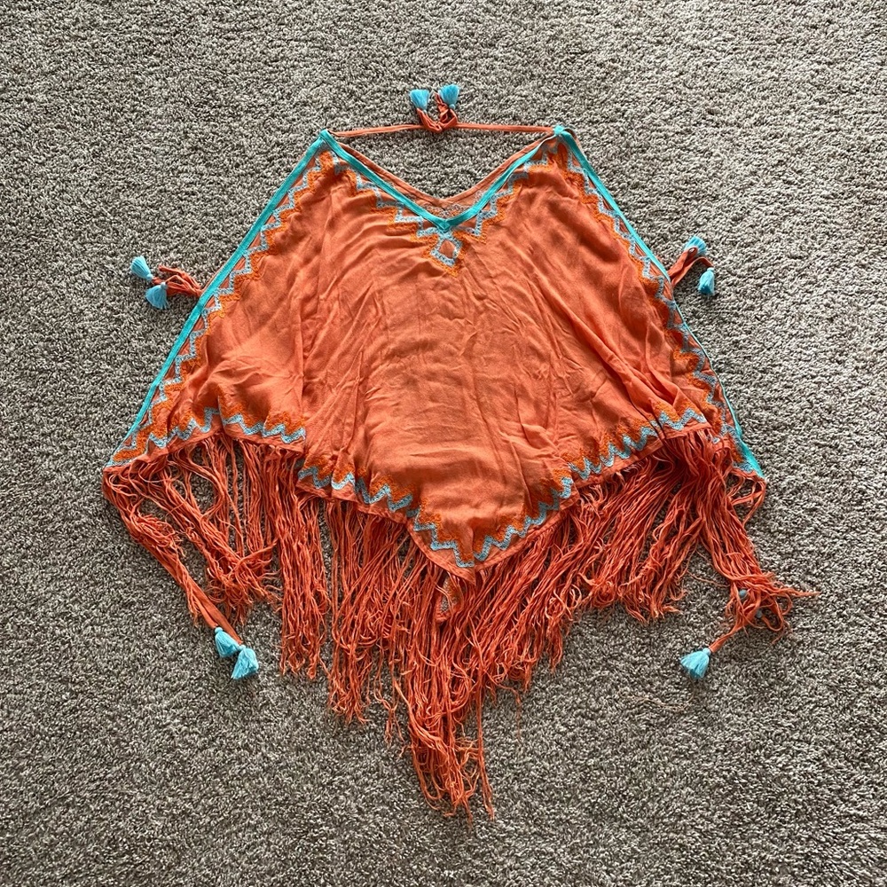 Orange and Blue Fringed Women's Top